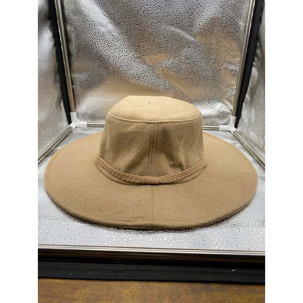 ASN Wide Brim Sun Hat Womens OS Tan Wool Blend‎ Braided Trim Floppy Fedora